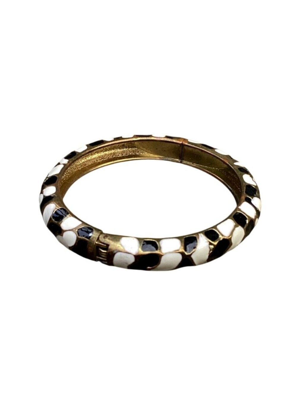 Vintage Gold Tone Metal Clamper Bracelet Black and White Enamel in Zebra Pattern